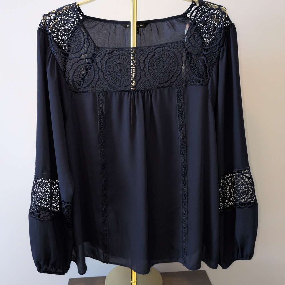 Zac & Rachel Blouse Womens XL Blue Crochet Lace Square Neck Long Sleeve Boho
